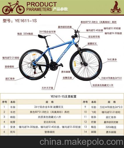 供應(yīng)鳳凰26寸鋁合金山地車(chē)21速雙碟剎賽車(chē)銳騰YE1611-1S圖片