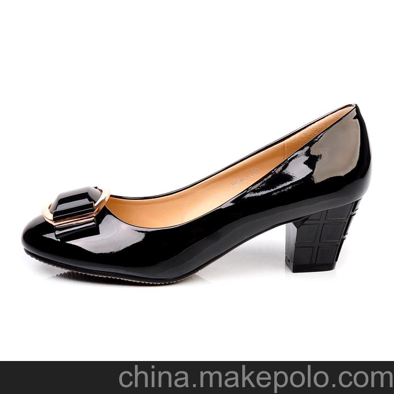 2013春夏新款 韓版黑色瓢鞋 漆皮女鞋 粗跟方扣女單鞋 中跟 熱風