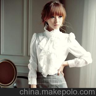 2013秋季女裝新款韓版 長袖黑白色襯衫宮廷職業裝仿雪紡衫襯衣