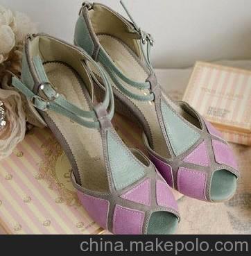 韓國女鞋代購拼色高跟鞋2013夏季T型扣帶魚嘴鞋涼鞋舒適女坡跟鞋